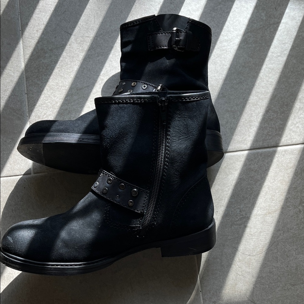 Vintage Foundry Co. “Miriam” Black Suede Buckle Ankle Moto / Combat Boots - Picture 3 of 8